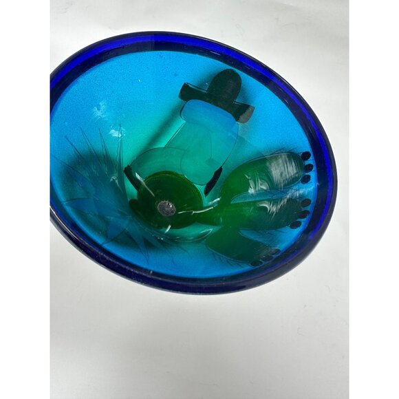 2 Hand-Painted Mexican Blown Glass Margarita Glasses Cactus Sleeping Man  Blue - Picture 3 of 16
